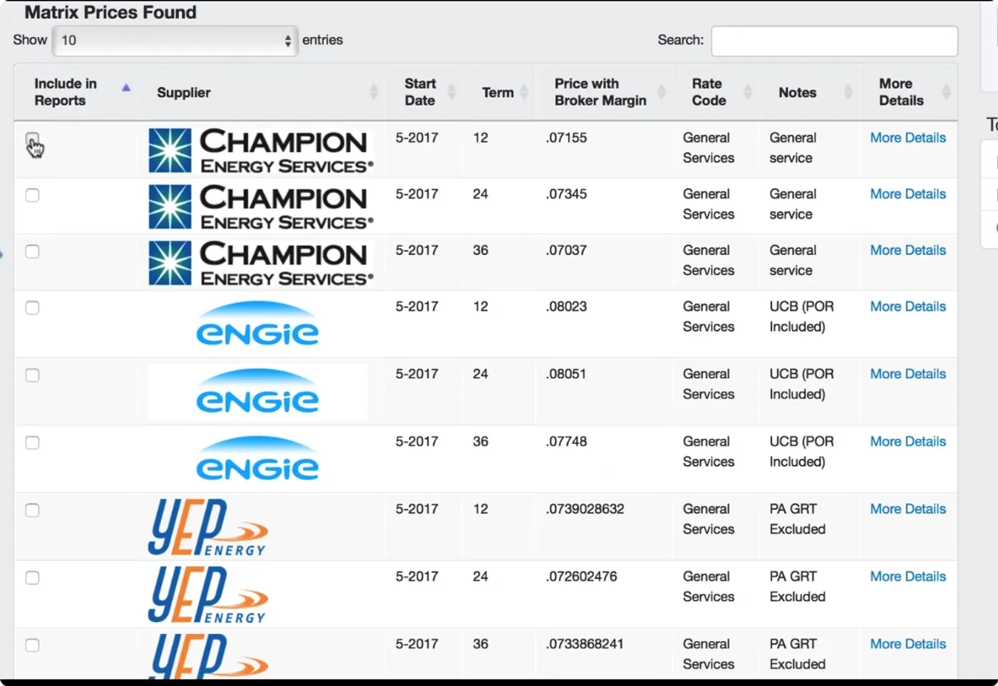 Matrix pricing search and filter interface