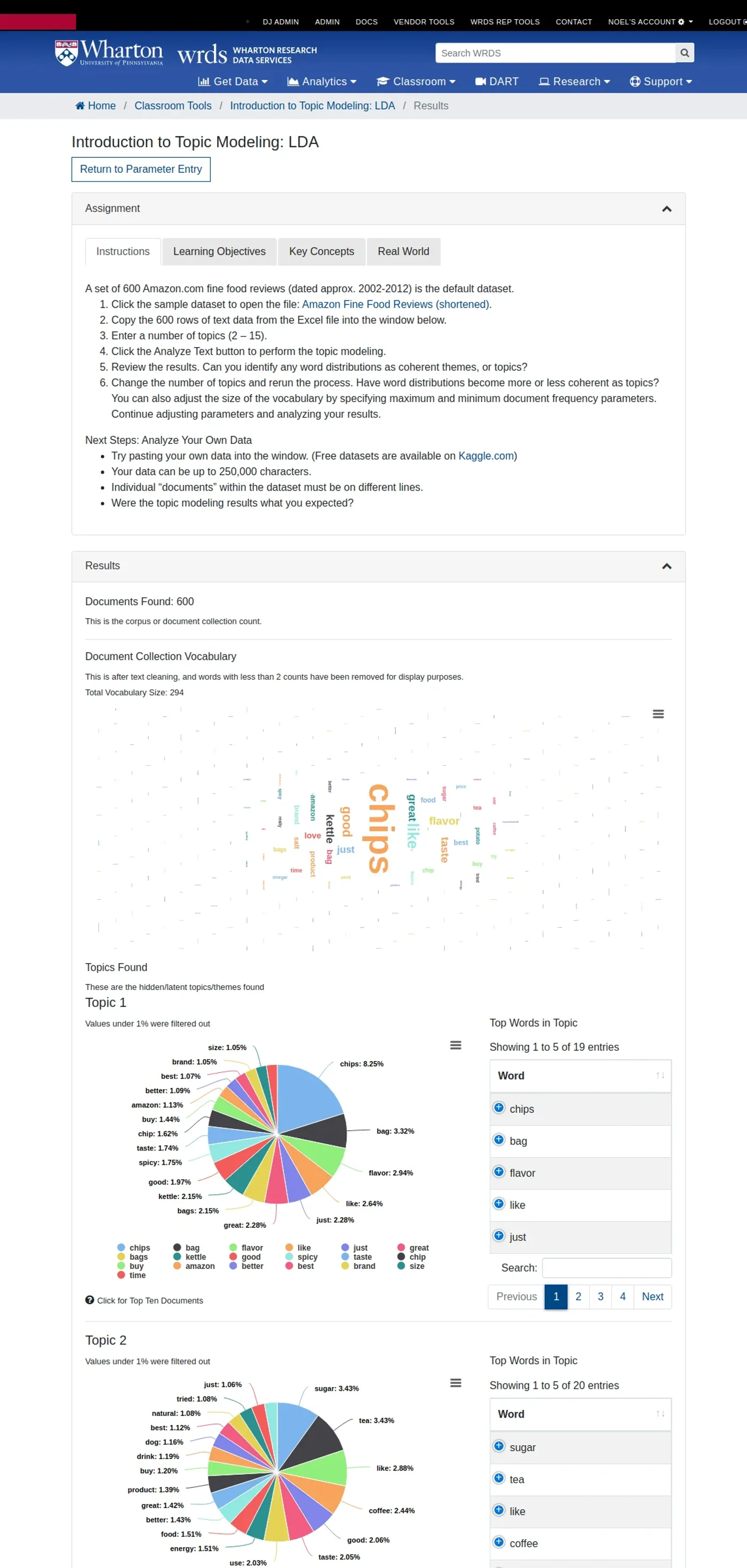 LDA topic modeling results